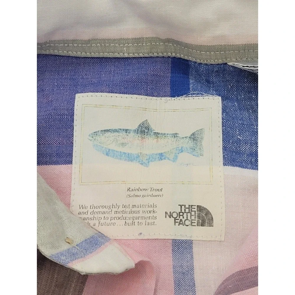 VTG The North Face  Button Up Shirt Plaid Short Sleeve Front Rainbow Trout Men M